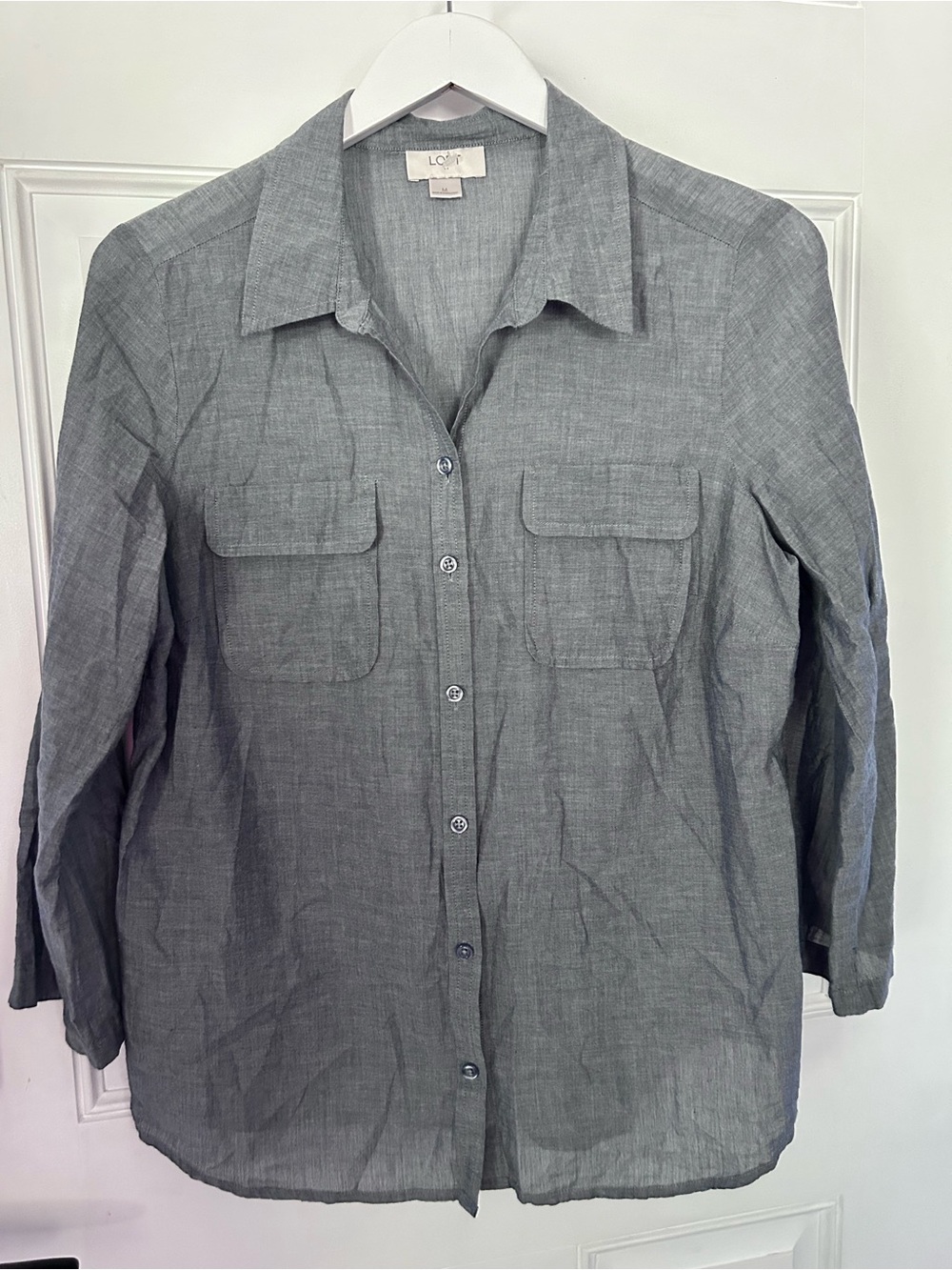 LOFT Womens Gray Long-Sleeve Button-Down Shirt